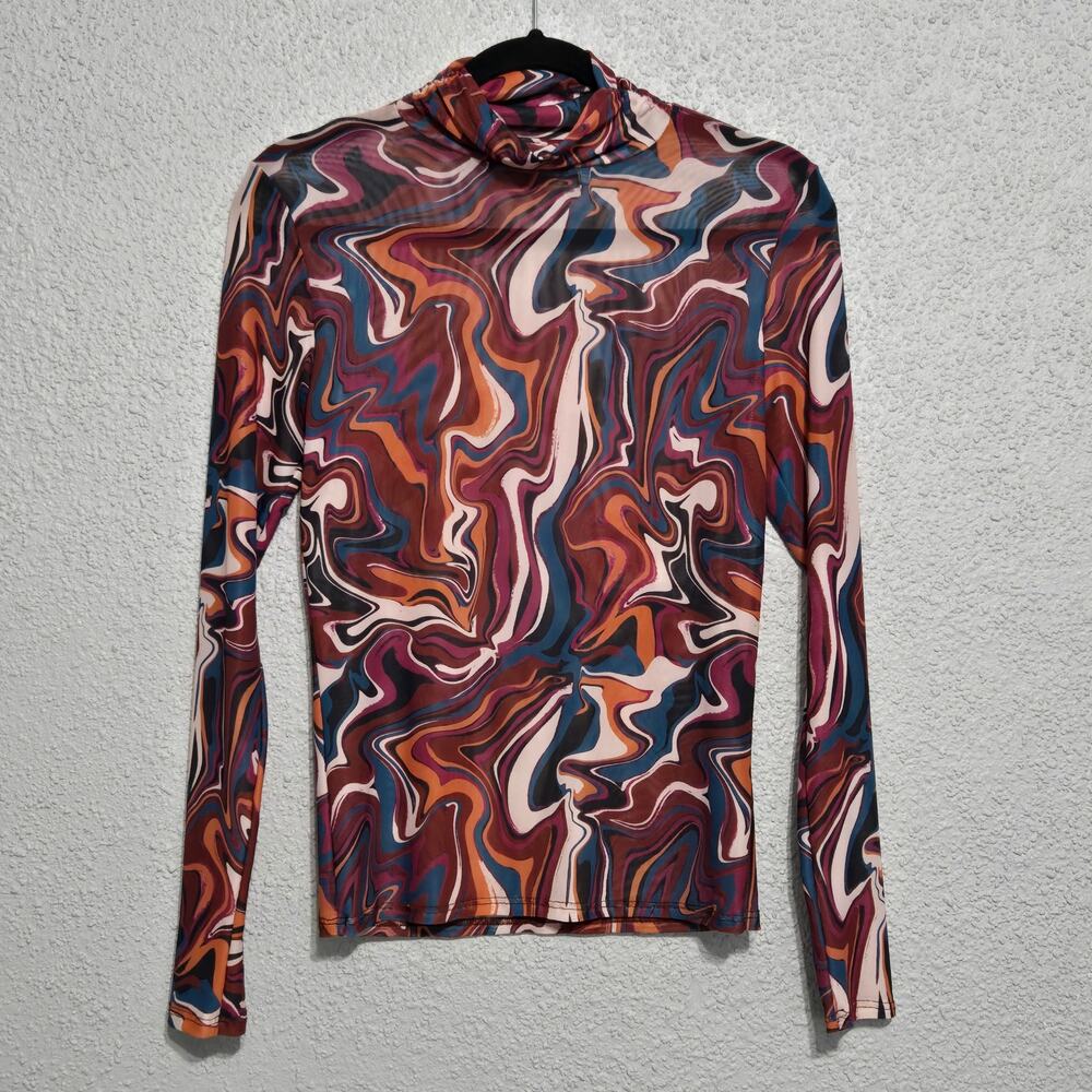 Willow & Root Womens Psychedelic Mock Neck Long Sleeve Mesh Top Size S Retro Y2K